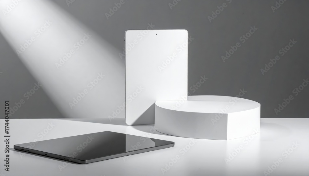 Fototapeta premium Monochromatic Still Life with Geometric Forms Under Dramatic Lighting Displaying Shadows and Reflections