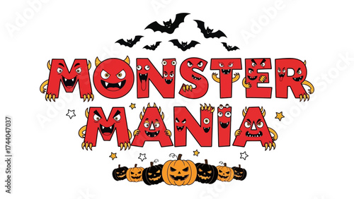 Monster Mania: Spooky fun graphic filled with cute and scary monster characters and halloween elements, including bats and pumpkins. Perfect for Halloween-themed content.