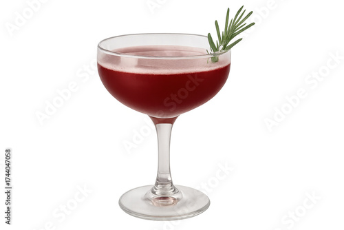 Red cocktail in coupe glass with rosemary garnish