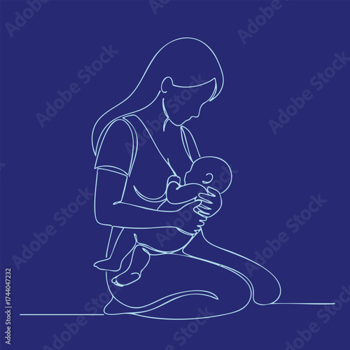 Minimalist line drawing of a mother holding her baby while sitting cross-legged on the floor, emphasizing tenderness and care
