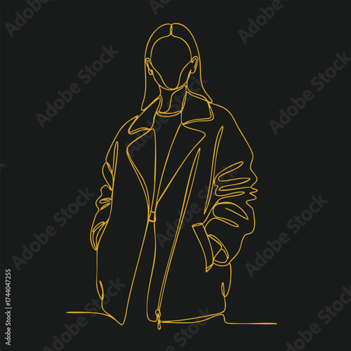 Minimalist Line Drawing of a Person Wearing a Jacket with Hands in Pockets on Dark