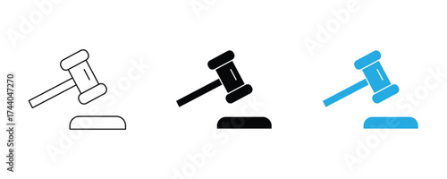 Gavel icon set vector on white background.  justice, court, legal, judge, hammer, auction, symbol, sign, line, outline, silhouette, clipart, symbol.