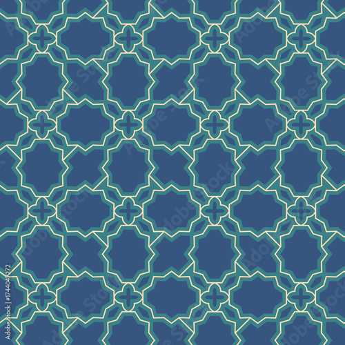 Cartoon bright simple arabic style vector background. Blue modern moroccan, turkish style texture seamless pattern for mosque, house, card, banner