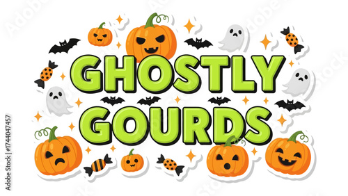 Ghostly Gourds Halloween Illustration: A whimsical Halloween illustration featuring grinning pumpkins, spectral ghosts, and playful bats, perfect for festive designs. 