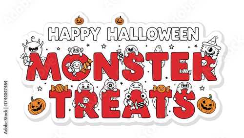 Monster Treats Delight: A festive and playful design for Halloween, featuring cute monsters and delightful treats, capturing the spooky fun and cheerful spirit of the holiday.