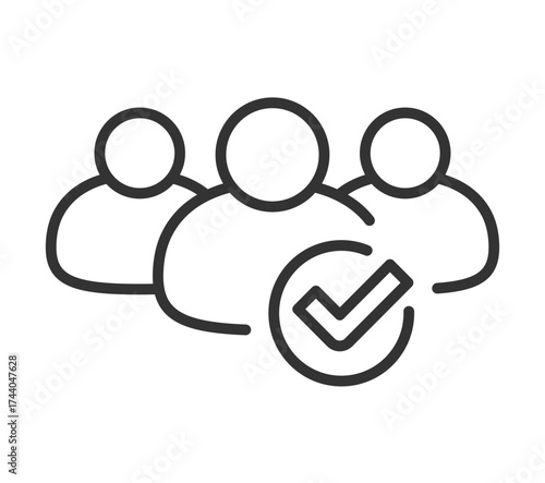 Three people outline with check mark icon symbolizing teamwork and approval