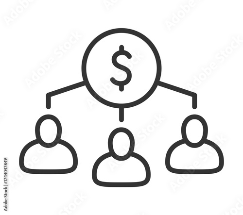 Money distribution network icon with three people and dollar sign