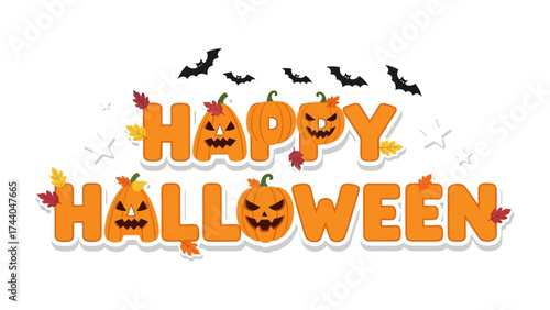 Halloween Greeting: Festive Halloween greeting featuring grinning jack-o'-lanterns, bats, and autumn leaves, spreading spooky season cheer. 