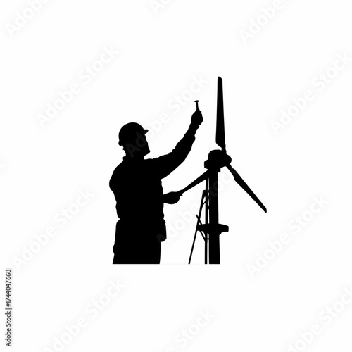 Silhouette of a renewable energy engineer adjusting wind turbine settings isolated on white background
