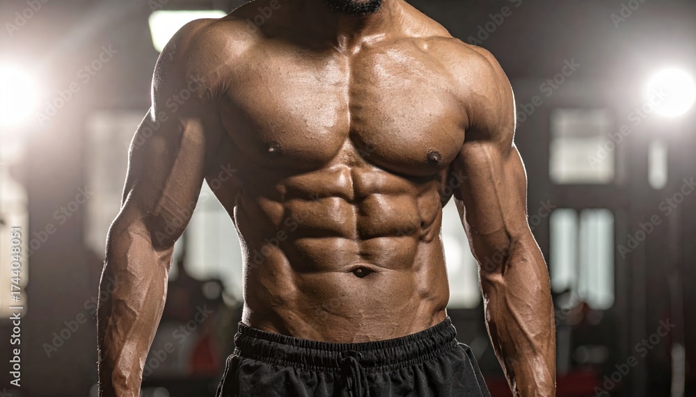 Fototapeta premium A muscular individual showcasing defined abs and upper body strength under dramatic lighting in a gym setting.