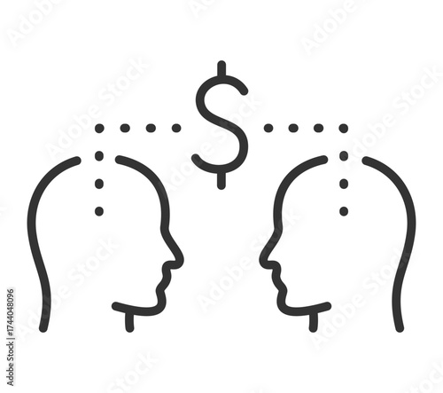 Line art of two heads exchanging ideas with dollar symbol between them