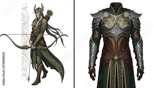 Elf archer with bow and quiver and close up of armor with green and brown fabric details