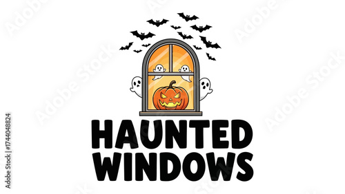 Spooky Haunted Windows: Halloween-themed artwork showcasing a haunted window scene, featuring a glowing pumpkin, playful ghosts, and a flock of bats against the backdrop of a moonlit night. 