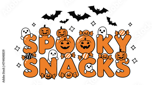 Spooky Snacks Illustration: A delightful, cartoonish illustration spells out Spooky Snacks with each letter playfully decorated with pumpkins, ghosts, and bats, perfect for a festive Halloween theme.