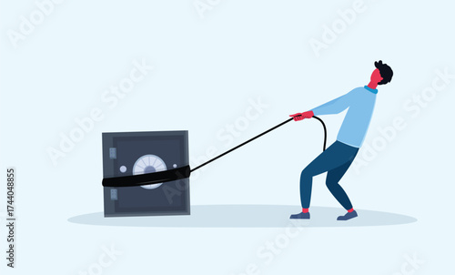 Man struggling to pull a heavy safe Vector Illustration