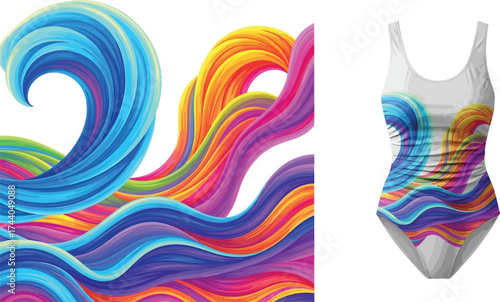 A colorful abstract wave design and a white swimsuit with the same design on it isolated