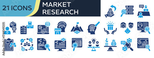 Collection of Market Research icons, related to ROI, Data Analysis, Web Analytics, Market Intelligence, Observation and more. Solid icons vector illustation.