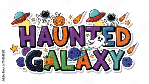 Haunted Galaxy: A whimsical, vibrant illustration, conjuring the spooky charm of space and Halloween, beckons with cosmic pumpkins, grinning ghosts, and interstellar astronauts. 