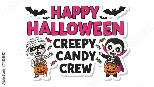 Halloween Candy Crew: An illustration capturing the whimsy of Halloween with the fun characters and the playful spirit of the holiday. A vibrant display of a mummy and a vampire. 