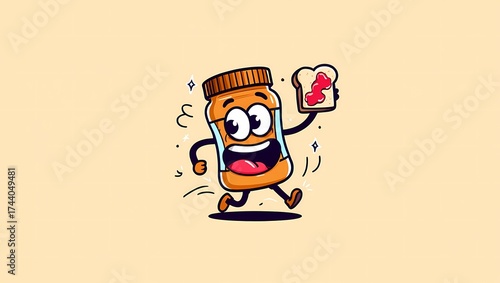 A cartoon jar of peanut butter with arms and legs joyfully running while holding a slice of toast with jelly.