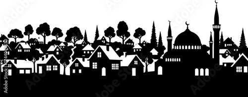 Village silhouette. This image shows a black and white vector clipart illustration design of a rural village with houses, a mosques, trees, and mountains. Vector clipart illustration 