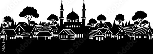 Village silhouette. This image shows a black and white vector clipart illustration design of a rural village with houses, a mosques, trees, and mountains. Vector clipart illustration 
