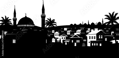 Village silhouette. This image shows a black and white vector clipart illustration design of a rural village with houses, a mosques, trees, and mountains. Vector clipart illustration 