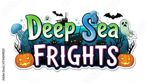 Deep Sea Frights: A spooky illustration for a Halloween event, this design evokes chills with eerie imagery of sea creatures, and pumpkins.