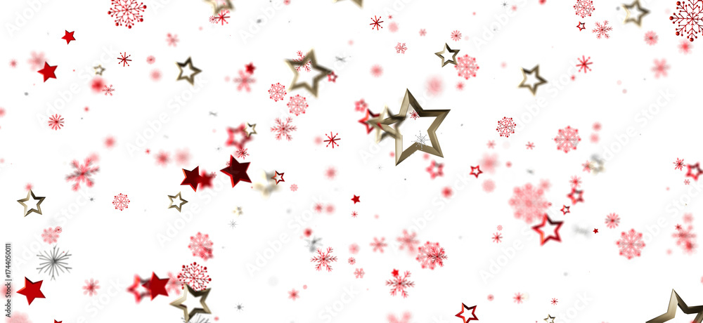 Obraz premium Festive winter background with red stars, gold stars, and snowflakes. Perfect for Christmas, New Year, and holiday designs.