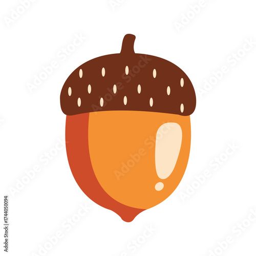 Autumn Acorn with Cap and Stem, Simple Flat Design Vector Illustration.