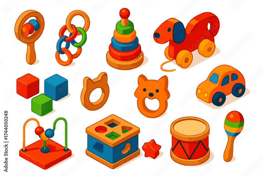 Fototapeta premium Colorful Wooden Baby Toys. Isometric vector illustration set Wooden Baby Toys: wooden rattle, wooden teether, stacking rings, pull