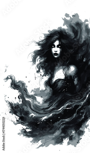  A haunting, ethereal portrait of a shadowy woman with flowing hair, surrounded by swirling ink and smoke. Deep blues and blacks create a moody, dreamlike fantasy scene