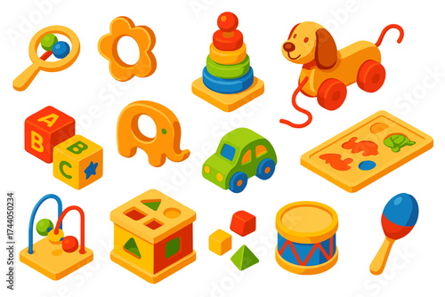 Colorful Wooden Baby Toys. Isometric vector illustration set Wooden Baby Toys: wooden rattle, wooden teether, stacking rings, pull