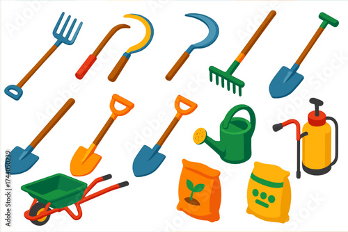 Bright Farm Tools Icons. Isometric vector illustration set Agricultural Tools: pitchfork, sickle, scythe, rake, hoe, shovel, spade