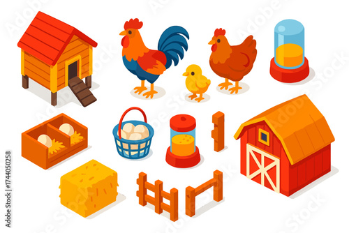 Poultry Farm Icons. Isometric vector illustration set Poultry Farm Basics: chicken coop, rooster, hen, chick, nest box, egg basket