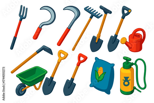 Bright Farm Tools Icons. Isometric vector illustration set Agricultural Tools: pitchfork, sickle, scythe, rake, hoe, shovel, spade