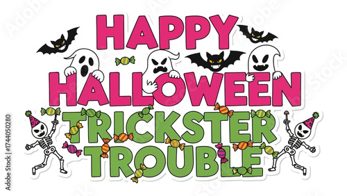 Halloween Trickster: Spooky specters, mischievous skeletons, and cheerful bats frolic amidst the vibrant hues of Halloween. A visual symphony of tricks and treats.