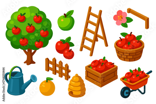 Apple Orchard Icons. Isometric vector illustration set Apple Orchard: apple tree, ripe apples, green apples, red apples, apple
