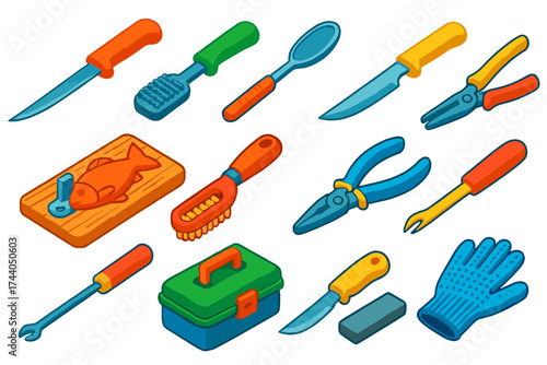 Fishing Tools Icons. Isometric vector illustration set Fishing and Gutting Tools: fillet knife, fish scaler, gutting spoon, bait