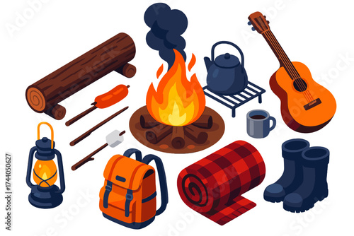 Vibrant Night Campfire Icons. Isometric vector illustration set Night Campfire: burning fire, log bench, lantern, kettle, grill