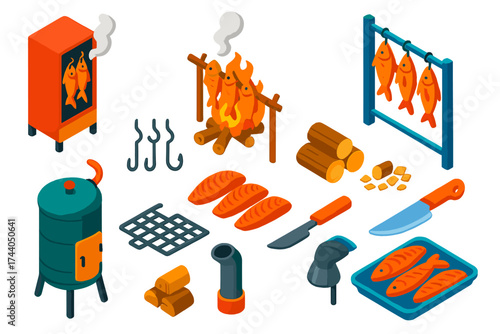 Smoking Fish Icons. Isometric vector illustration set Smoking Fish: smokehouse, campfire smoke, fish rack, fish fillet, hooks,