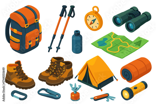 Essential Hiking Gear. Isometric vector illustration set Hiking Gear: trekking backpack, trail boots, hiking poles, compass,