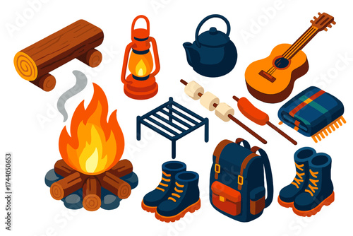 Vibrant Night Campfire Icons. Isometric vector illustration set Night Campfire: burning fire, log bench, lantern, kettle, grill