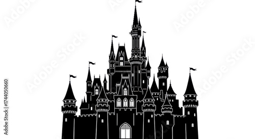 Fantasy castle silhouette on white background