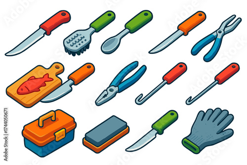 Fishing Tools Icons. Isometric vector illustration set Fishing and Gutting Tools: fillet knife, fish scaler, gutting spoon, bait