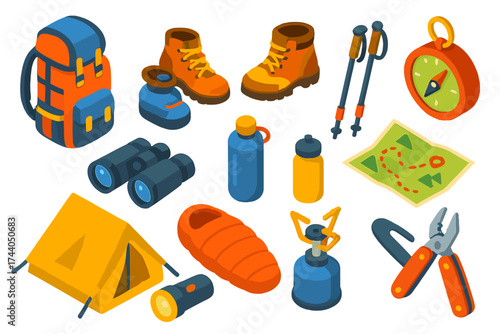 Essential Hiking Gear. Isometric vector illustration set Hiking Gear: trekking backpack, trail boots, hiking poles, compass,