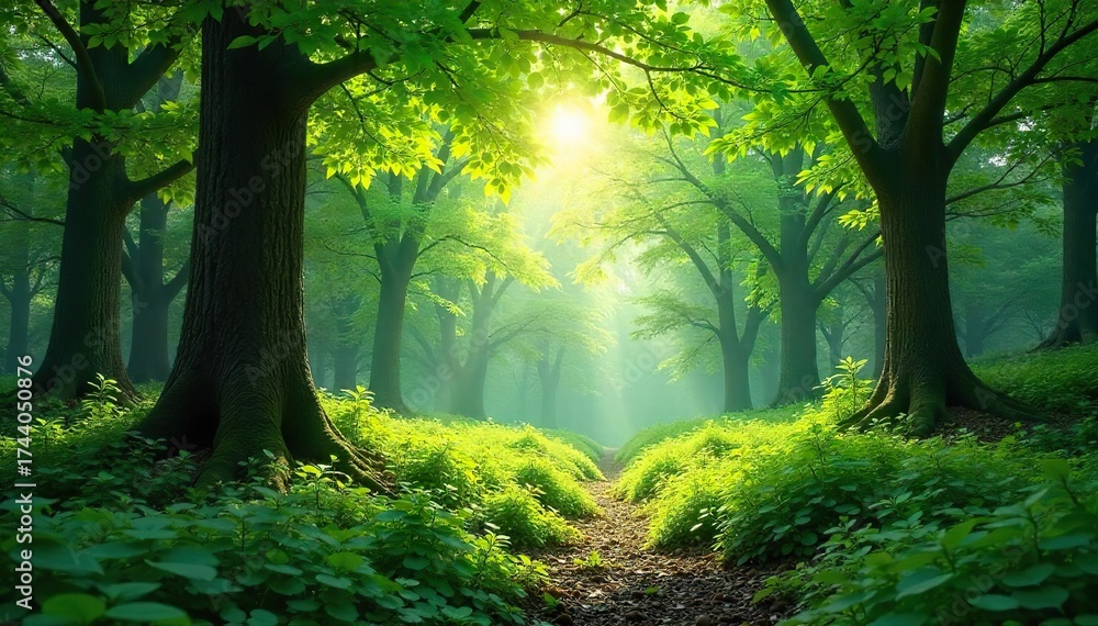 Fototapeta premium Dappled Sunlight Filtering Through Lush Forest Canopy Tranquil Woodland Scene