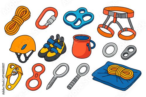 Climbing Gear Icons. Isometric vector illustration set Climbing Gear: climbing rope, carabiner, belay device, harness, climbing