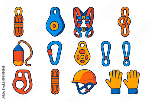 Rescue Gear Icons. Isometric vector illustration set Rescue and Safety Ropes: lifeline rope, pulley block, safety harness,