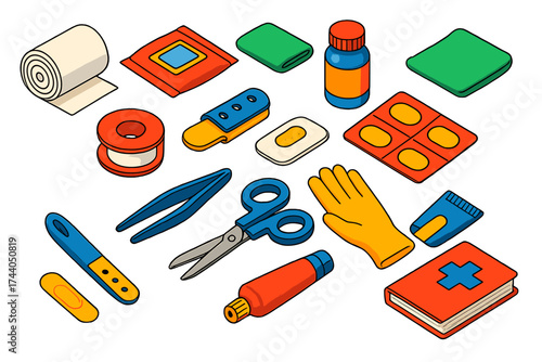 Outdoor First Aid Essentials. Isometric vector illustration set Outdoor First Aid: bandage roll, antiseptic wipes, gauze pad,